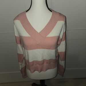 Tommy Jeans Striped Pink and White V-Neck Sweater  *Like New Condition